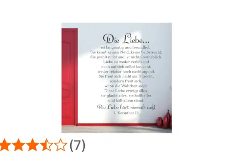 Wandaufkleber mit dem Text aus 1. Korinther 13 über die Liebe, neben einer roten Tür.