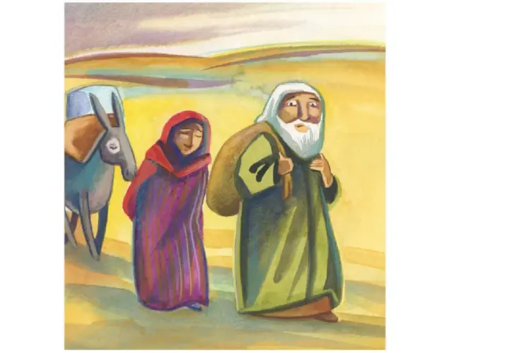 Abraham und Sara ziehen mit einem Esel durch eine karge Landschaft.